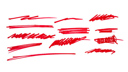 Obraz na płótnie Canvas Red underline and strikethrough markers collection. Horizontal hand drawn marker stripes.