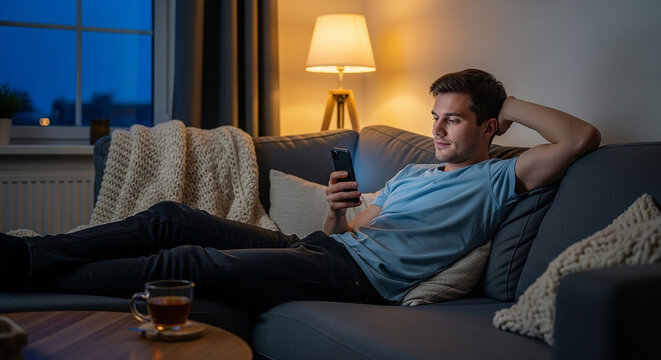 A man relaxes on a couch in a cozy living room at evening