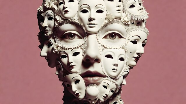 Human head composed of multiple overlapping white theatrical masks on pink background