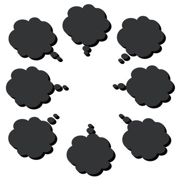 立体感のある影がついた黒色の思考用もこもこ吹き出しセット