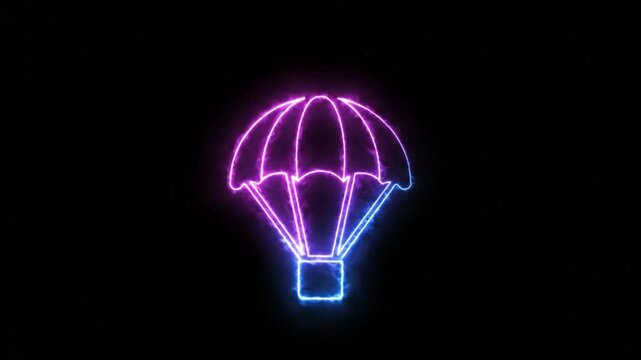 Neon illuminated parachute icon with vibrant glowing energy on a black background, 4k animation