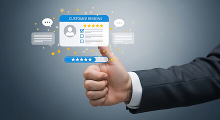 Naklejka premium Customer giving five star rating for service feedback on digital interface
