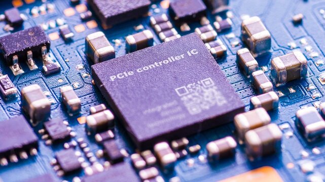 PCIe controller IC Manages high-speed peripheral communication in computers.