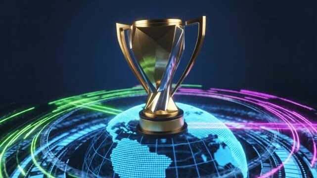 Luxurious gold trophy on top of a digital globe with colorful glowing lines signifying global achievement