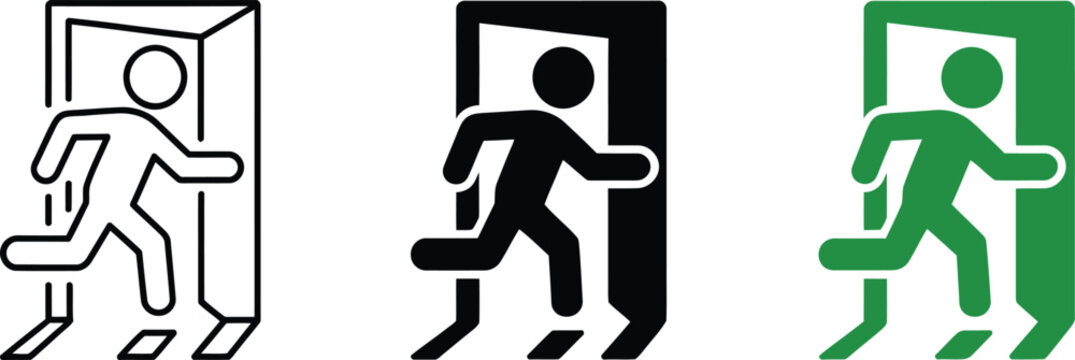Emergency exit sign showing person running through door for safety and evacuation procedure notices