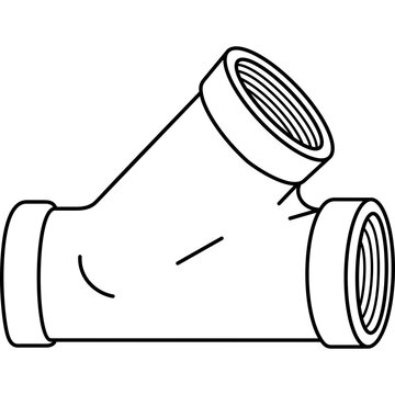Wye pipe fitting with 45 degree lateral branch and internal threads for drainage systems. Vector outline icon.