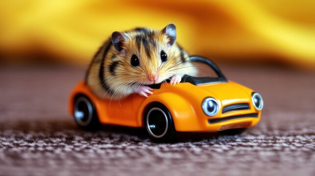 Cute Hamster Drives Tiny Orange Toy Car