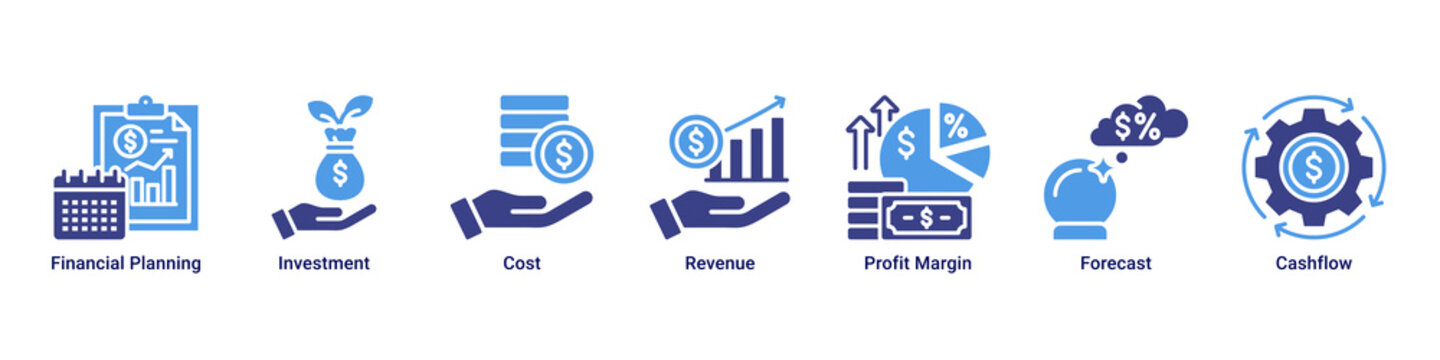 Finance Strategy web banner icon vector illustration with icons of Financial Planning,Investment,Cost,Revenue,Profit Margin,Forecast and Cashflow