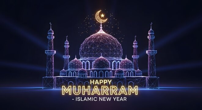 Mosque and crescent moon for happy muharram islamic new year 4K AI generated with muharram crescent celebration religious tradition spirituality eid islamic cultural 4K. AI generated