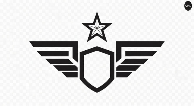 A black and white vector graphic of a shield with wings and a star, symbolizing protection and achievement.
