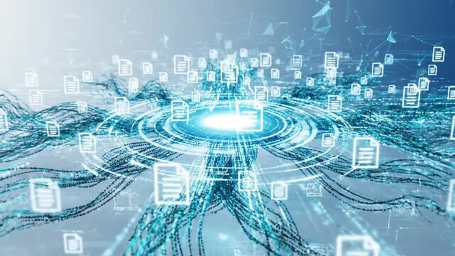 Abstract digital data stream with document icons flowing through network