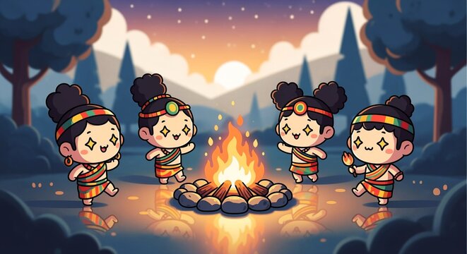 African World Heritage Day cute cartoon children dancing around campfire in nature celebrating tribal culture, tradition, unity and joyful heritage festival scene