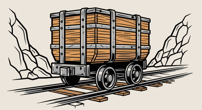 Vintage mine cart on railroad tracks.