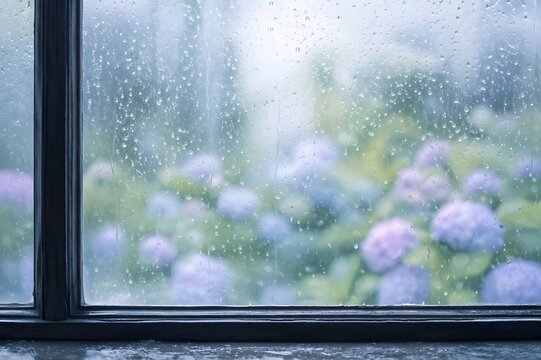 Rainy window with hydrangea outside and water drops on glass