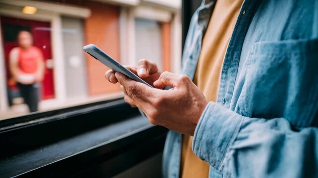 Close up of casual man using smartphone indoors by window natural light highlighting hands and device as he scrolls messages and connects digitally in modern lifestyle setting