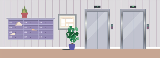 Elevator Hallway. Apartment Elevator Lobby interior with closed lifts. Office or apartment building hallway. vector illustration  © Hannet