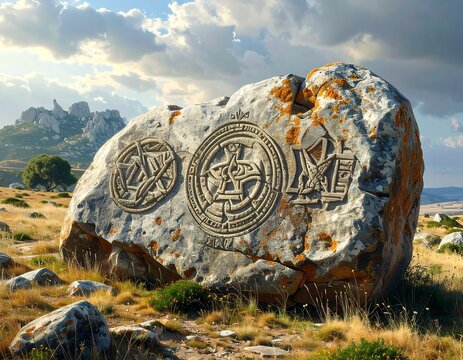 A large, weathered boulder etched with mysterious symbols rests in a grassy field under a cloudy sky. In the distance, mountains loom