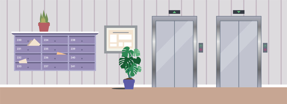 Elevator Hallway. Apartment Elevator Lobby interior with closed lifts. Office or apartment building hallway. vector illustration
