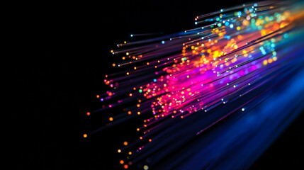 fiber optic signal cables glowing neon light abstract technology background dark environment ultra sharp macro