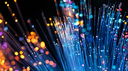 fiber optic signal cables glowing neon light abstract technology background dark environment ultra sharp macro