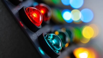 led indicator lights panel close up macro multiple colors red green blue yellow shallow depth of field