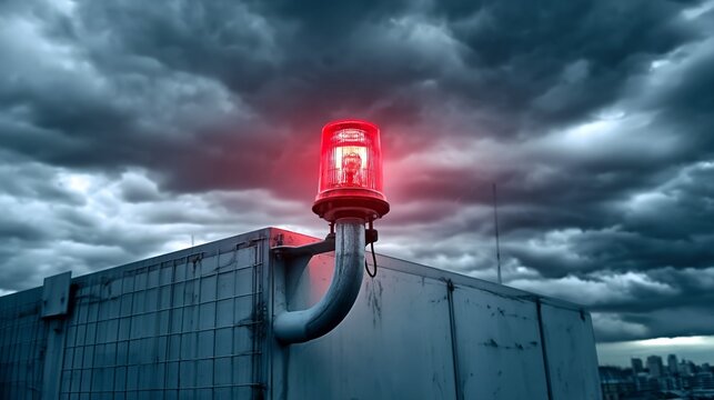 emergency warning siren light flashing red on industrial building rooftop storm clouds cinematic wide angle