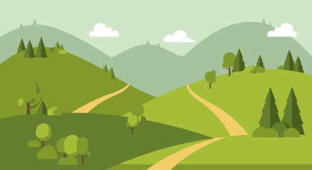 Fototapeta premium Scenic rolling green hills with winding paths and scattered trees under a cloudy sky