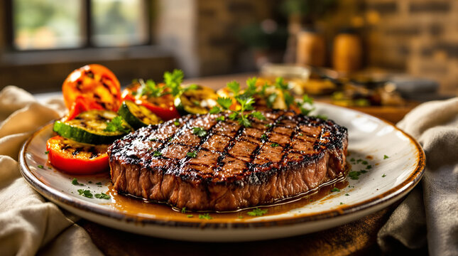 grilled meat on a plate with vegetables