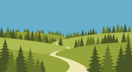 Fototapeta premium Winding Path Through Green Hills and Pine Forest Under Blue Sky