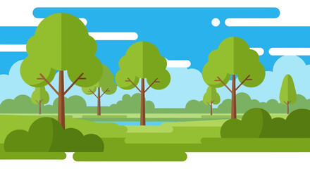 Fototapeta premium Vibrant Flat Design Landscape with Lush Green Trees and Blue Sky