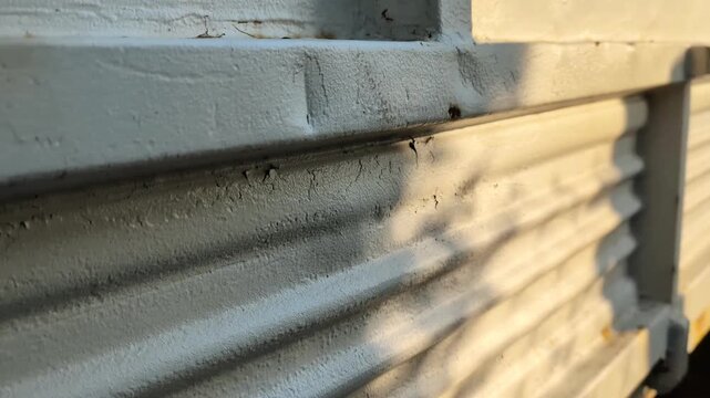 Weathered corrugated metal texture with tree shadows. Panning shot of peeling paint and rust on industrial steel surface. Organic light patterns on metallic background.