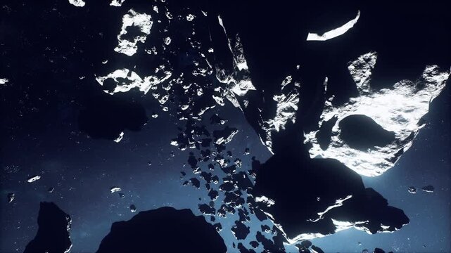 Motion streaks across empty space, Cinematic depiction of dangerous cascade of fragments in dark void with streaking motion and telemetry signals