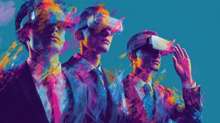 Obraz premium Three Men Wearing VR Headsets Experiencing Virtual Reality Together Vibrant Colorful Abstract Art Style