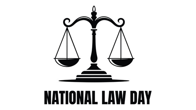 National law day concept with justice balance scale silhouette and bold typography symbolizing equality fairness legal system rights awareness design