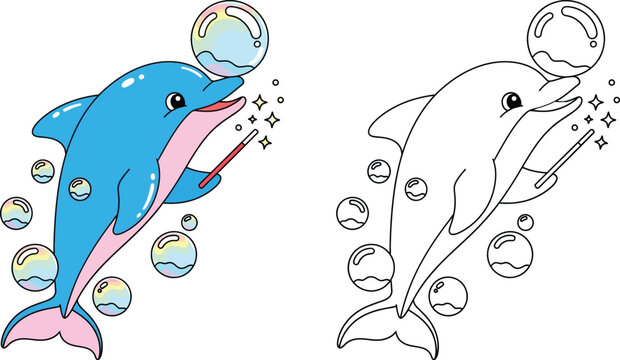 Magical Cartoon Dolphin Blowing Bubbles with a Wand Enchanting Scene