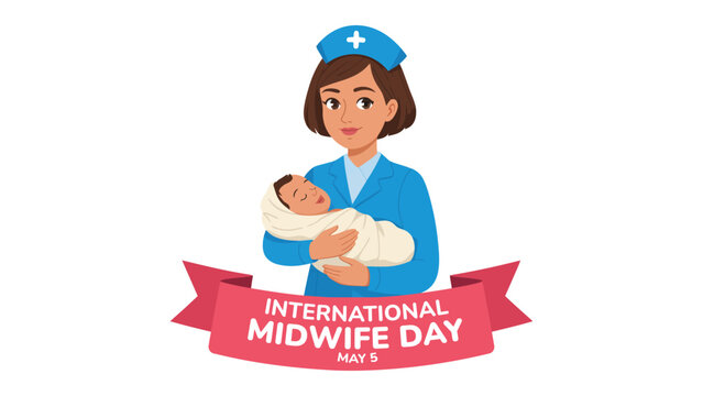 International midwife day concept with nurse holding newborn baby and ribbon banner symbolizing maternity care childbirth support healthcare services and compassion