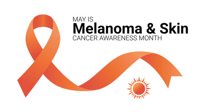 May is melanoma and skin cancer awareness month concept with orange ribbon wave and sun icon highlighting uv protection prevention dermatology health care