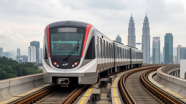Modern metro train, cityscape background, transportation infrastructure, urban transit system