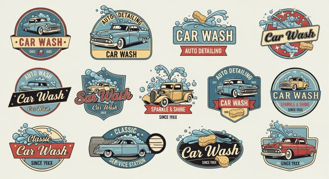 Vintage Car Wash Logos Collection - Retro Automotive Service Designs.
