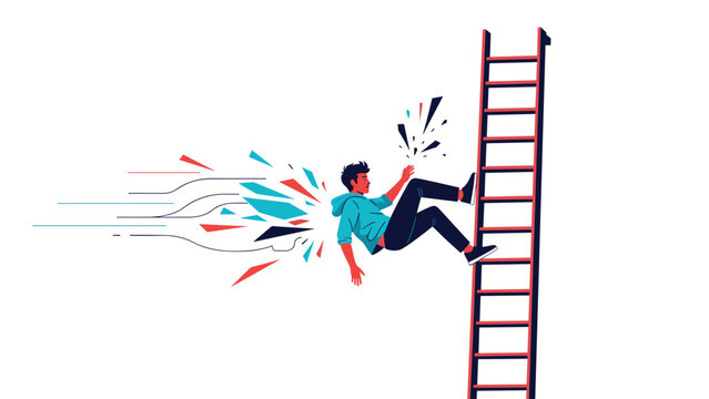 Dramatic illustration of a man losing his balance and falling off a tall ladder with abstract shards flying behind him.