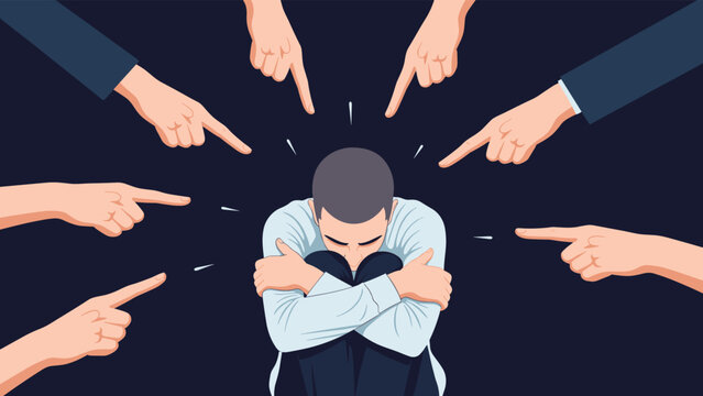 Vulnerable man sitting on the floor and covering his face while multiple fingers point at him from the shadows in judgment.