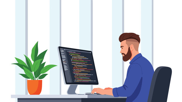 Professional male developer with a beard sitting at his desk and writing complex computer code on a large monitor.