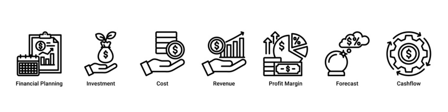 Finance Strategy web banner icon vector illustration with icons of Financial Planning,Investment,Cost,Revenue,Profit Margin,Forecast and Cashflow