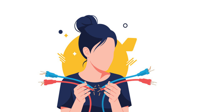 Woman looking at two broken or disconnected electrical cables with sparks and trying to find a way to fix the connection.