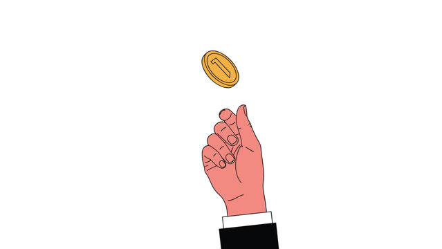 Hand in a black suit sleeve flipping a golden coin with the number one on it against a plain white background for making a decision.