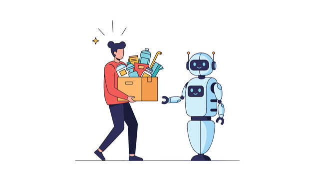 Helpful robot assists a person carrying a heavy box of cleaning supplies and household items in a white background setting.