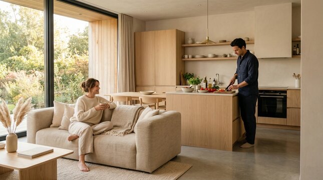 A man prepares food in the kitchen while a woman sits on the couch in a modern living room with large windows overlooking trees.