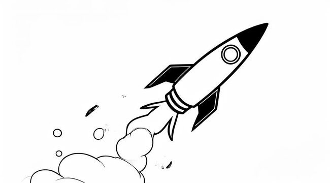 Whimsical black and white rocket ship launching into space with puffy clouds