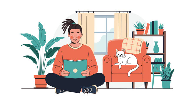 Person with dreadlocks sitting cross-legged on the floor and reading a book in a cozy living room with a cat on an armchair and plants.
