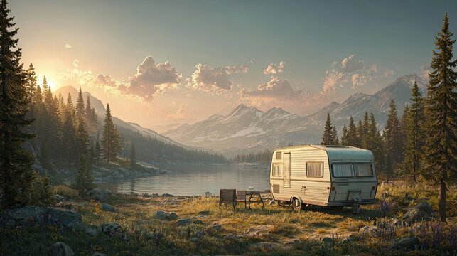 A serene mountain lake at sunset with a camper trailer and chairs set up on the grassy shore, surrounded by pine trees and distant snow-capped peaks.
